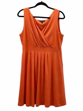 Lands’ End Orange Sleeveless Dress XL 18 Draped V Neck Fit Flare Knee Length